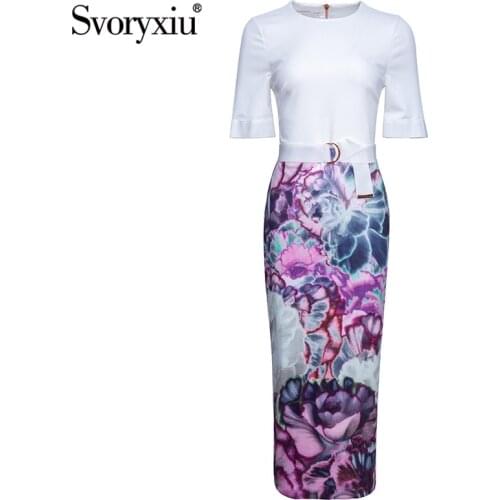 Svoryxiu 2021 Spring Summer Runway Elegant Office Lady Dress Womens Half Sleeve Flower Print Package Buttocks Midi Dresses XXL