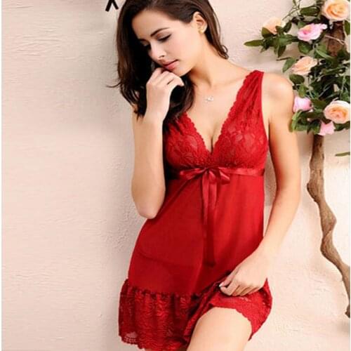 Women Sexy Nightwear Plus Size M-XXL Lace Nightgown Sleepwear Dress G-String Sexy Lingerie Robe