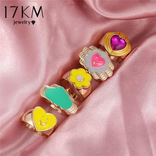 17KM Vintage Geometric Colorful Smile Heart Ring Thick Enamel Ring For Women Fashion Clouds Flower Chain Rings Gift Jewelry