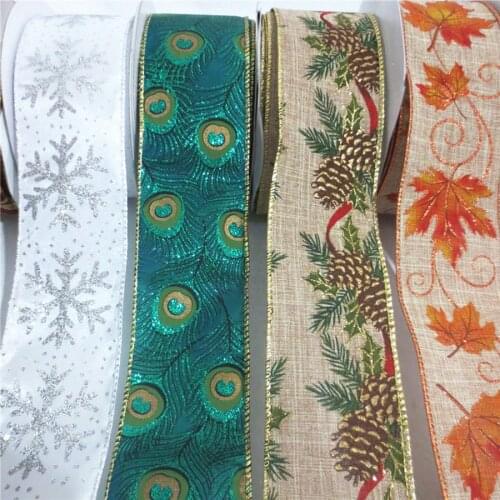 6.3cm Shaped Packaging with Iron Wire Shaped Leaves Peacock Feather Printing Cloth Hand DIY Christmas Silk Ribbon 360