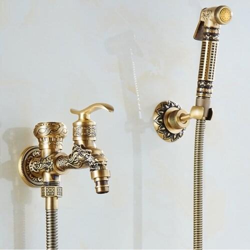 Bidet Faucets Antique Brass Wall Mounted Bathroom Hygienic Shower Sprayer Water Faucet Airbrush Toilet Washing Machine Tap