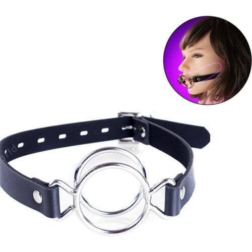 BDSM Bondage PU Leather Belt Deep Throat Double Round Ring Slave Mouth Bite Ring Open Mouth Gag Oral Erotic Sex Toys For Couples
