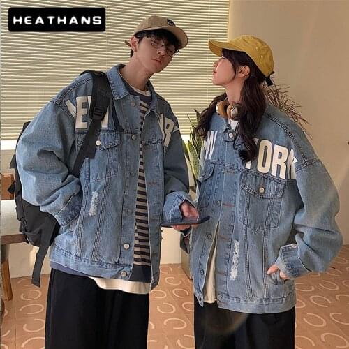 Couple Style Jean Jackets Mens Spring Autumn Hole Denim Jacket For Male Loose Korean Letter Printing Handsome Denim Jackets Top