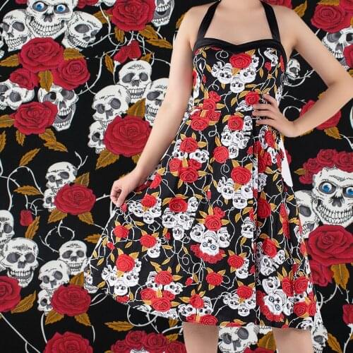 Rose And Skull Print Cotton Fabric For Dress Tissus Coton ImprimÉ Sewing Telas Algodon Estampadas Ткань Au MÈTre Tissu DIY
