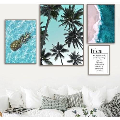 Pineapple Palm Tree Blue Sea Beach Quote Wall Art Canvas Painting Nordic Posters And Prints Wall Pictures For Living Room Decor