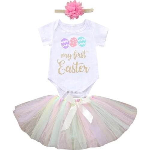 0-24M Newborn Baby Girl Short Sleeve Clothes Sets Easter Letter Printed Romper Tops Rainbow Mesh Tutu Skirt Headband 3PCS Summer