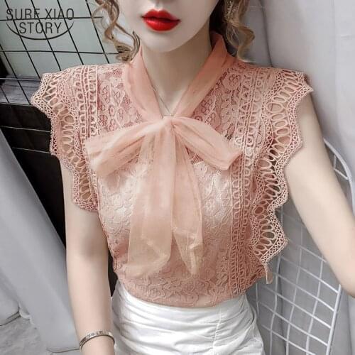 Korean Fashion Clothing Solid Hollow Out Shirt Vintage Sleeveless Shirt 2021 Womens Tops and Blouses Lace Patchwork Blusas 9811