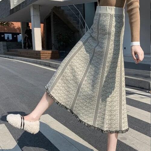 FairyShely Knitted Long Pleated Skirts Women 2021 Autumn Winter Warm High Waist Midi Skirt Ladies Office Skirts