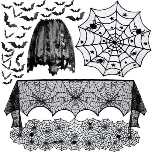 Round Table Cloth Halloween Party Decoration Lace Backdrop Spider Web Black Runner Halloween Horror Props Modern Luxury