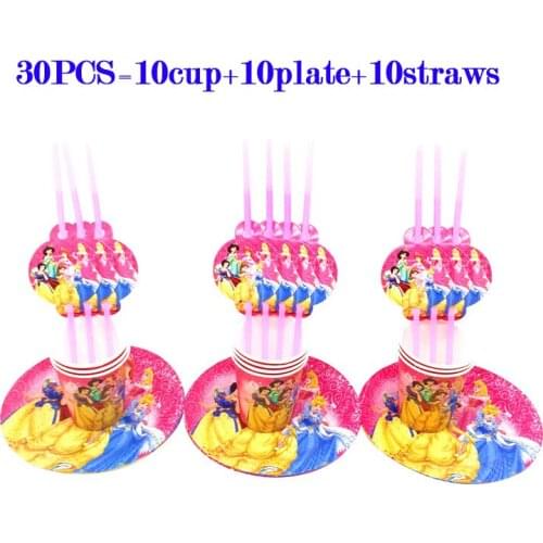 Disney Princess Party Supplies Set 30pcs Girls Birthday Party Decorations Paper Cups Plates Straws Disposable Tableware Supplies
