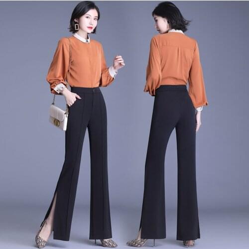 New White Straight Pants For Women Office Lady High Waist Two Side Split Trousers Casual Elastic Waist Black Suit Pants Women