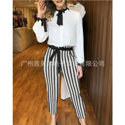 New womens two-piece suit white shirt + printed trousers Long Sleeve Top & Colorblock Pants Set