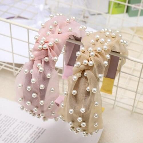 Yarn Solid Hairband For Women Hair Accessories Fresh Sweet Pearl Headband Girls Korean Bow Knot Fashion Head Wrap Wholesale
