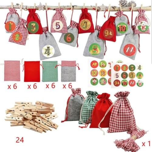 Christmas Gift Bag DIY Advent Calendar Bags Cloth Cookies Candy Bag Snowflake Tag 1-24 Advent Calendar Sticker Rope Party Supply