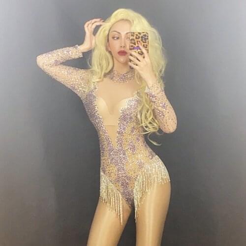 Sexy Perspective Full Diamond Tassel Rhinestone Chain Bodysuit Nightclub Bar Female Singer Stage Clothes Rave Outfit DNV13312