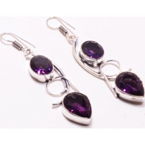 Genuine Amethyst Silver Overlay on Copper Earrings , Hand made Women Jewelry Gift, E5113