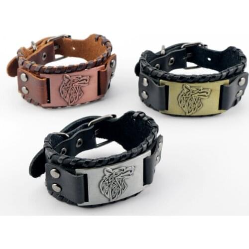 Nordic Vikings Bracelet Valknut Vegvisir Wolf Head Symbol Leather Cuff Bracelet Viking Men Bracelet Bangles