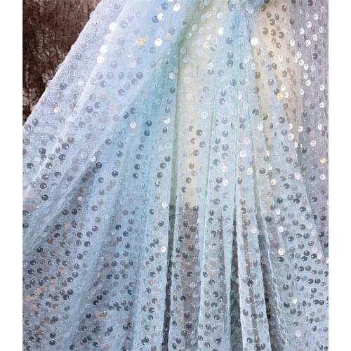 Light Blue With Sequins Mesh Lace Fabric DIY Performance Dress Background Decoration Sewing Cloth V2972