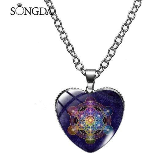 Mysterious Metatron Cube Pendant Necklace Sacred Geometry Flower of Life Magic Hexagram Glass Handmade Necklace for Unisex