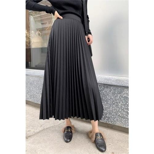 Timis Li Pleated Long Skirt Women High Waist Midi Skirt Korean Black Elastic Band Belt Maxi Skirt