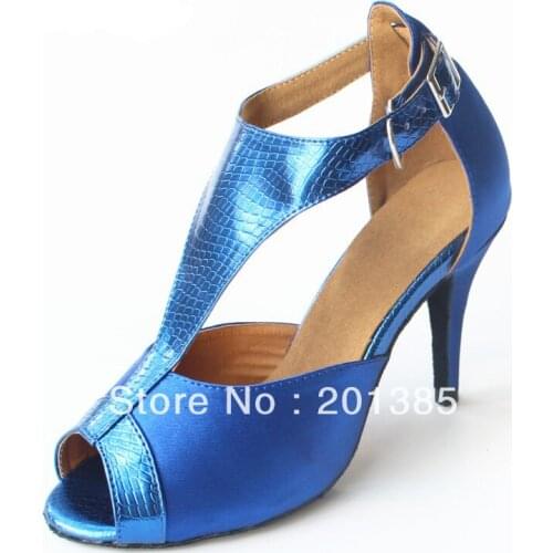 Wholesale Blue Satin Snakeskin Print T-Straps Shoes for Ballroom Dancing Salsa Ballroom Shoes Size 35,36,37,38,39,40,41