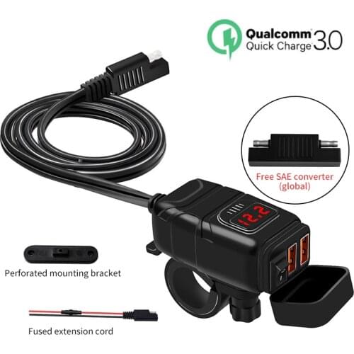 Dual USB Port 12V Adapter Waterproof Motorcycle Handlebar Charger Quick Charger 3.0 with Voltmeter USB Motorcycle Charger