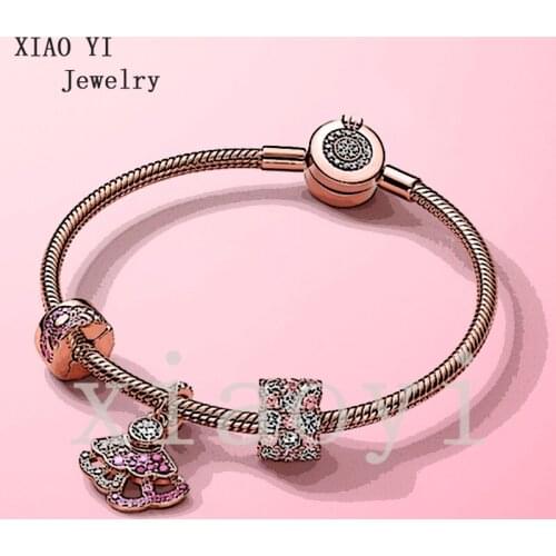 XIAOYI 2020NEW S925 Best selling! Rose color pink gradient fan fan-shaped crown Charm Wedding Party Bracelet suitable for Europe