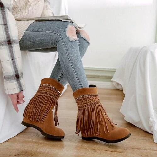 YQBTDL Fashion National Style Tassel Ankle Boots Height Increasing Crystal Rhinestone Red Yellow Black Womens Boots Ankle Shoes