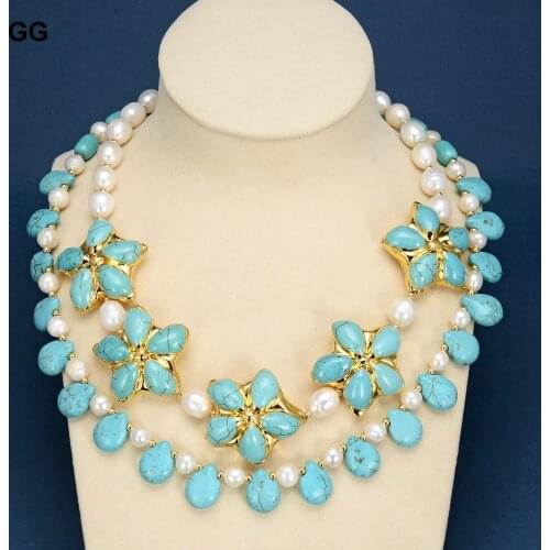 GuaiGuai Jewelry 2 Rows Natural Cultured White Rice Pearl Blue Turquoises Flower Necklace Handmade For Women