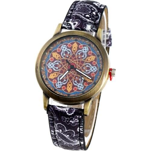 Gnova Platinum Women Watch Arabic Ethnic Fashion PU Leather Retro Indian Flowers Quartz Wristwatch Reloj para Dama A945