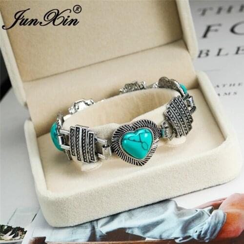 Boho Female Blue Stone Bracelet Antique White Gold Heart Charm Bracelet Bangles For Women Vintage Stone Party Wedding Jewelry