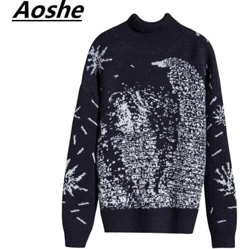 Aoshe Turtleneck Sweater Women 2017 Winter Thick Runway Design Galaxy Moon Oversized Casual Wool Pullover Knit Jumper Pull Femme