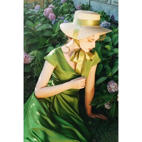 Custom Made Movie The Marvelous Mrs. Maisel Style Mustard Green Women V-neck Big Hem Long Dress Summer Short Sleeve Elegant