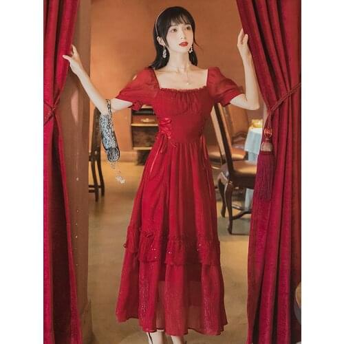Summer New Womens French Retro Square Neck Puff Sleeve Long Dress Palace Style Waist Tie Slimming Party Dress Red Dress
