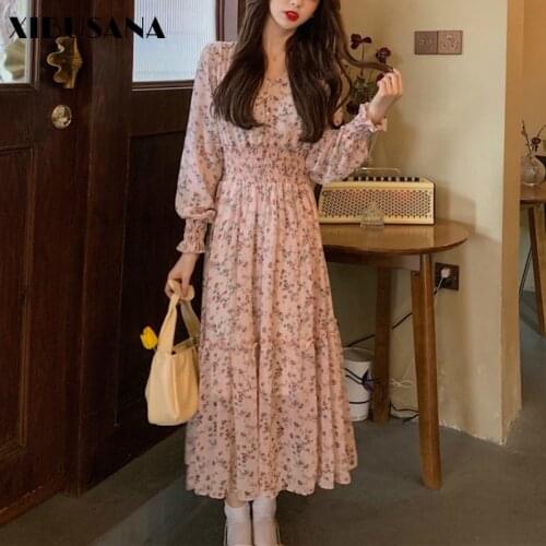 XIBUSANA Vintage Chiffon Dress Women 2021 Spring Autumn Female Long Sleeve V-neck Printed Floral Casual Dresses A-line Vestido