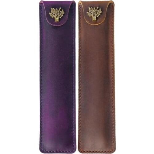 2Pcs Pen Pouch Holder Single Pencil Bag Pen Case With Snap Button For Rollerball Fountain Ballpoint Pen, Purple & Brown