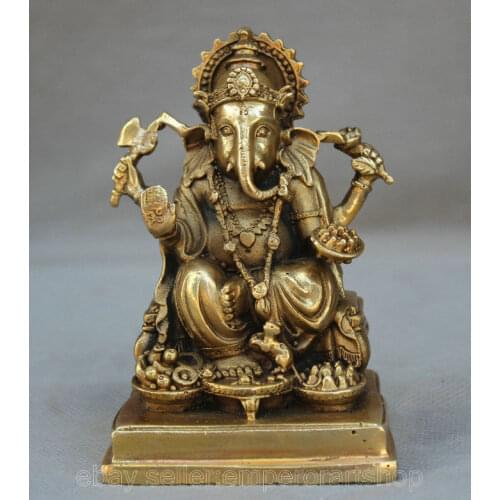4" Tibet Brass Seat Ganesh Lord Ganesha Elephant God Buddha Figure Statue