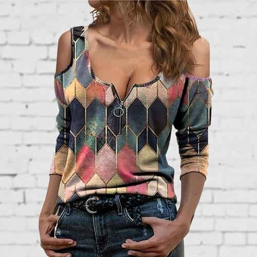 40# Zipper Sexy Blouses Women Dew Shoulder Geometric Print Long Sleeve Casual Tee Shirt Vintage Top Blusas Mujer De Moda 2021
