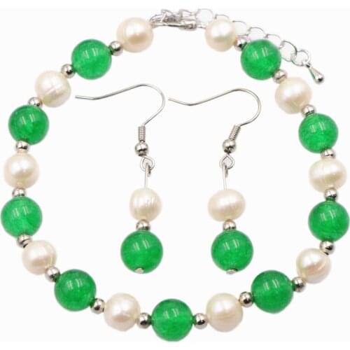 Natural Pearl Beads Bracelet Earrings Set for Women Jades Pearls Elegant Gift Bangle Dangle Bridal Wedding Jewelry Sets A753
