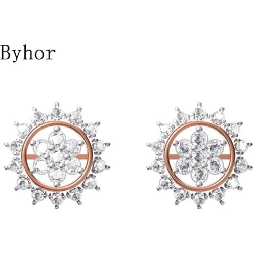Byhor Solid 14K White/Yellow+White/Rose+White Gold 1.556ct H/SI Natural Diamonds Fine Jewelry Flower Stud Earrings Women Cерьги