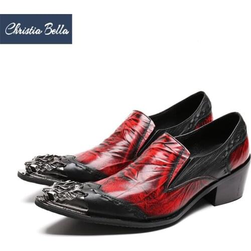 Christia Bella British Real Leather Men Shoes Metal Pointed Toe Wedding Dress Shoes Increase Height Male Business Shoes Footwear