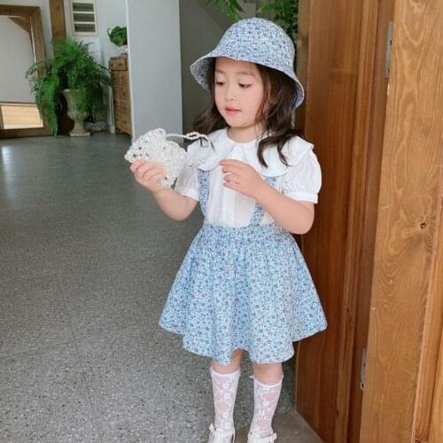 Kids Girl Summer Clothes Set 2021 New Short Sleeve Peter Pan Collar White Blouse+Floral Print Strap Dress Princess Children Sets