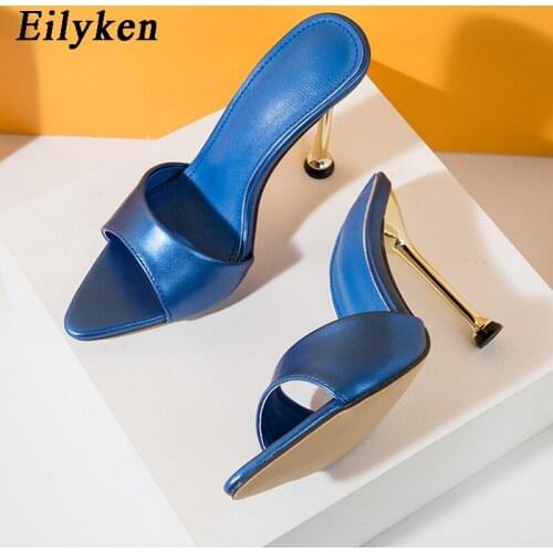 Eilyken Women Slippers Fashion Metal Stiletto High Heels Summer Party Sandals Pointed Toe Ladies Pumps Slides Shoes Size 35-42