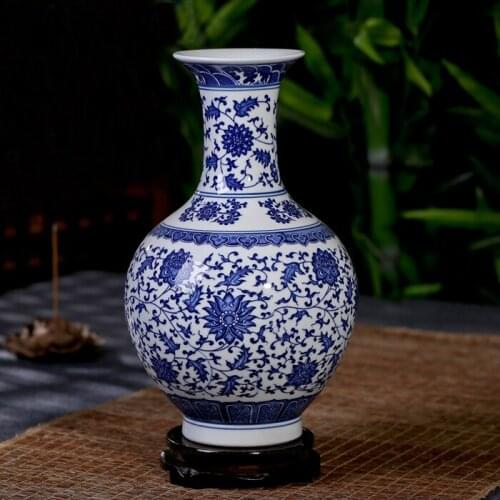 Chinese antique blue and white ceramic flower vase with qing qianlong mark for home decor and collection