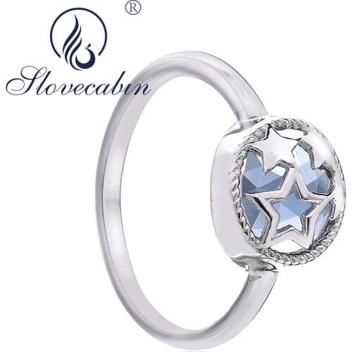 Slovecabin Pure925 Sterling Silver Princess Dazzling Star Light Blue Crystal CZ Finger Rings Fine Jewelry Engagement Ring