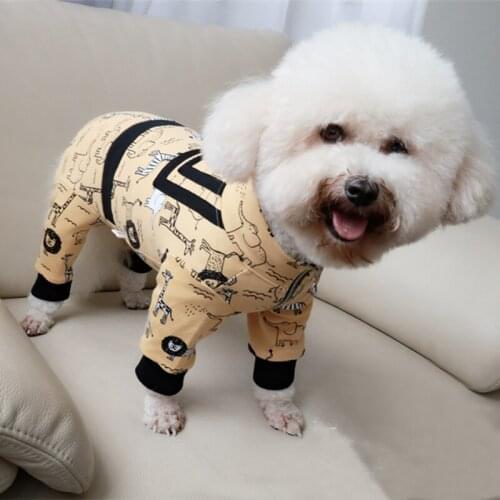 Spring Autumn Puppy Dog Jumpsuits 100%Cotton Forest Animal Print Wrap Belly Hoodie Rompers For Small Medium Dog Clothing Outfits