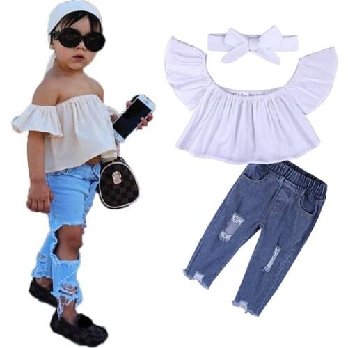 Girls Casual Clothing Sets Summer Tops Shirt + Headband + Hole Jeans 3pcs Clothes Set Little Girls Pants Cute Costume Roupas