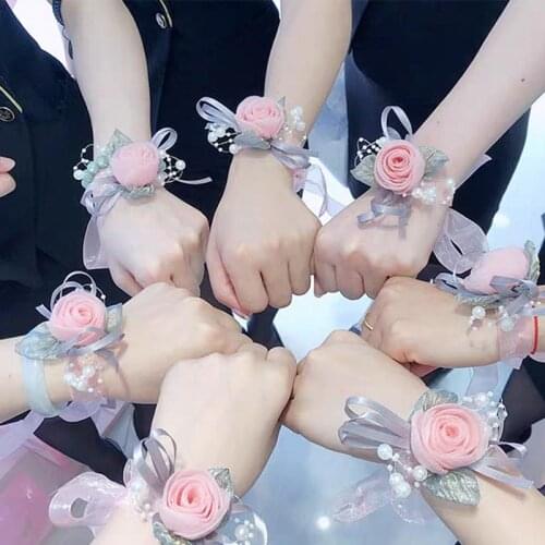 Beautiful Silk Roses Wrist Flowers Bridesmaid Bride Bracelet Wedding Party Prom Birthday Ribbon Hand Flower With Imitation Pearl