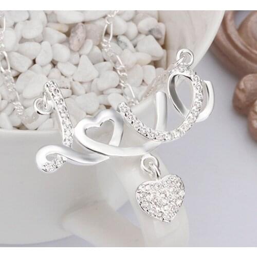 Crystal Letter LOVE Necklace Love Heart Pendant Necklace Silver Plated Women Necklace Jewelry Forever Love Name Anniversary Gift