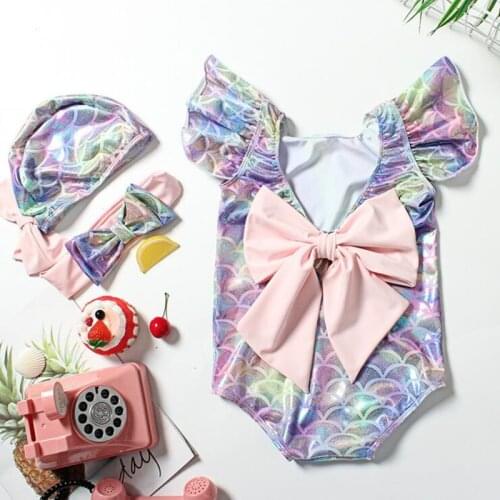 Hot Mermaid ruffle baby swimsuit one-piece beach wear princess mermaid bathing suit match hat and hairband Free Shipping YZ19004